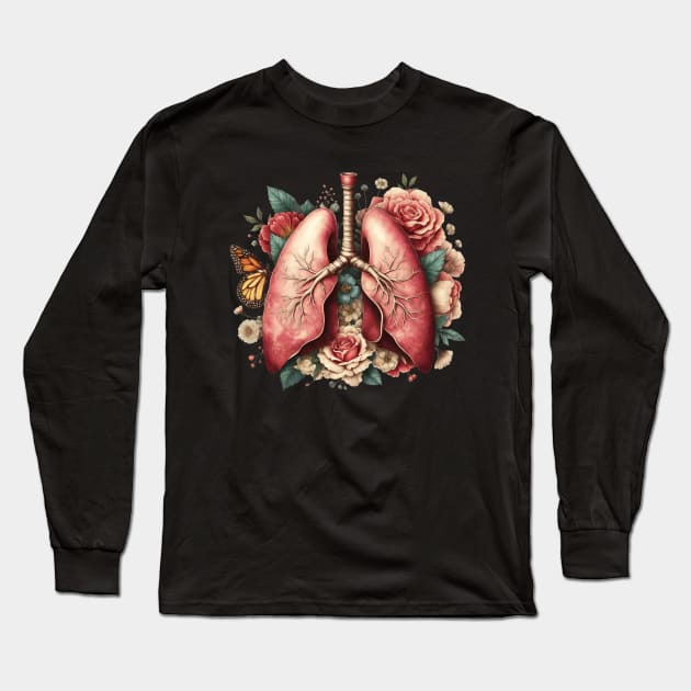 lungs cancer awareness, bloom roses floral, anatomy, watercolor, vintage style Long Sleeve T-Shirt by Collagedream